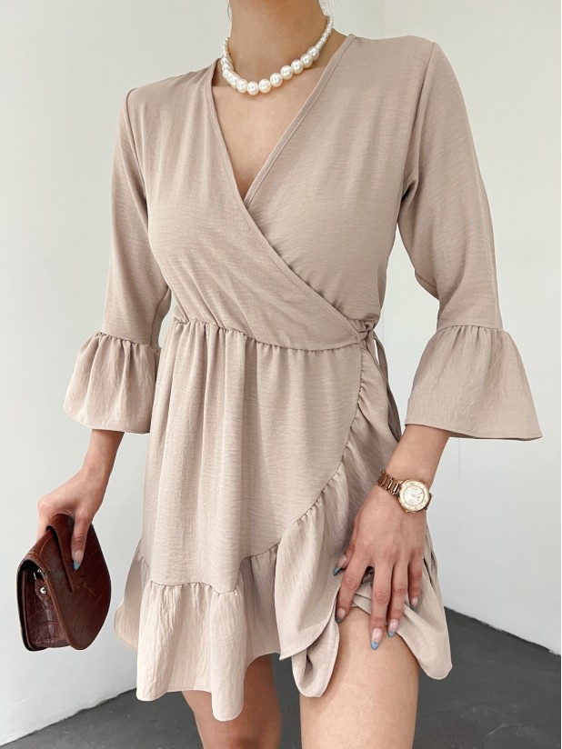 Eteği Ve Kolları Fırfırlı Beli Lastikli Ayrobin Elbise  -Açık Vizon