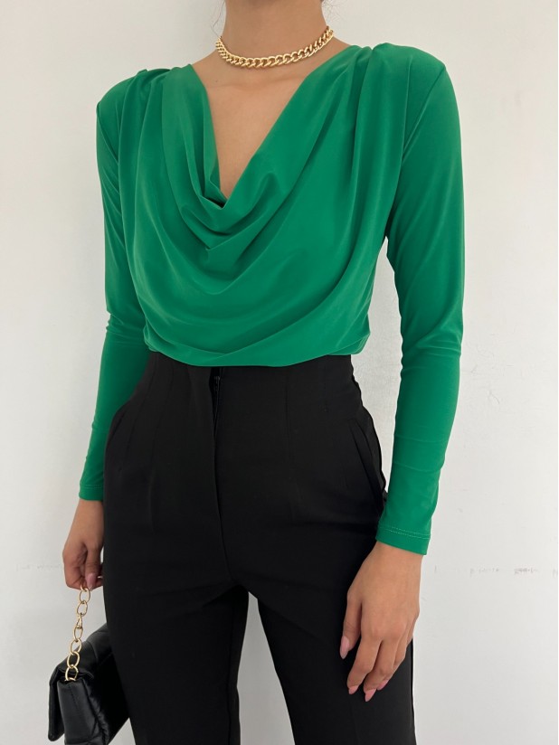 Yakası Drapeli Sendy Bluz -Yeşil