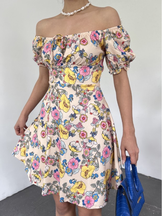 Elastic Collar Lace Detail Mini Dress - Beige