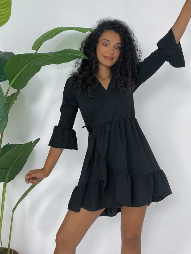 Eteği Ve Kolları Fırfırlı Beli Lastikli Ayrobin Elbise  -Siyah