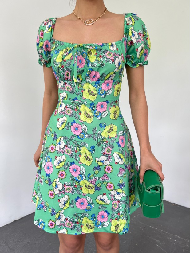 Elastic Collar Lace Detail Mini Dress -LIGHT GREEN