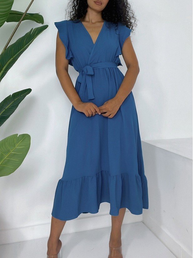 Omuzları Fırfırlı Sıfır Kol Beli Lastikli Bağcıklı Ayrobin Elbise -Koyu Mavi