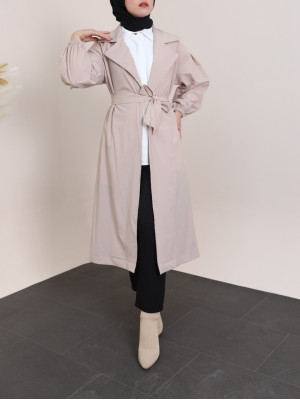 Belted Lined Trench Coat with Elastic Sleeves -Stone